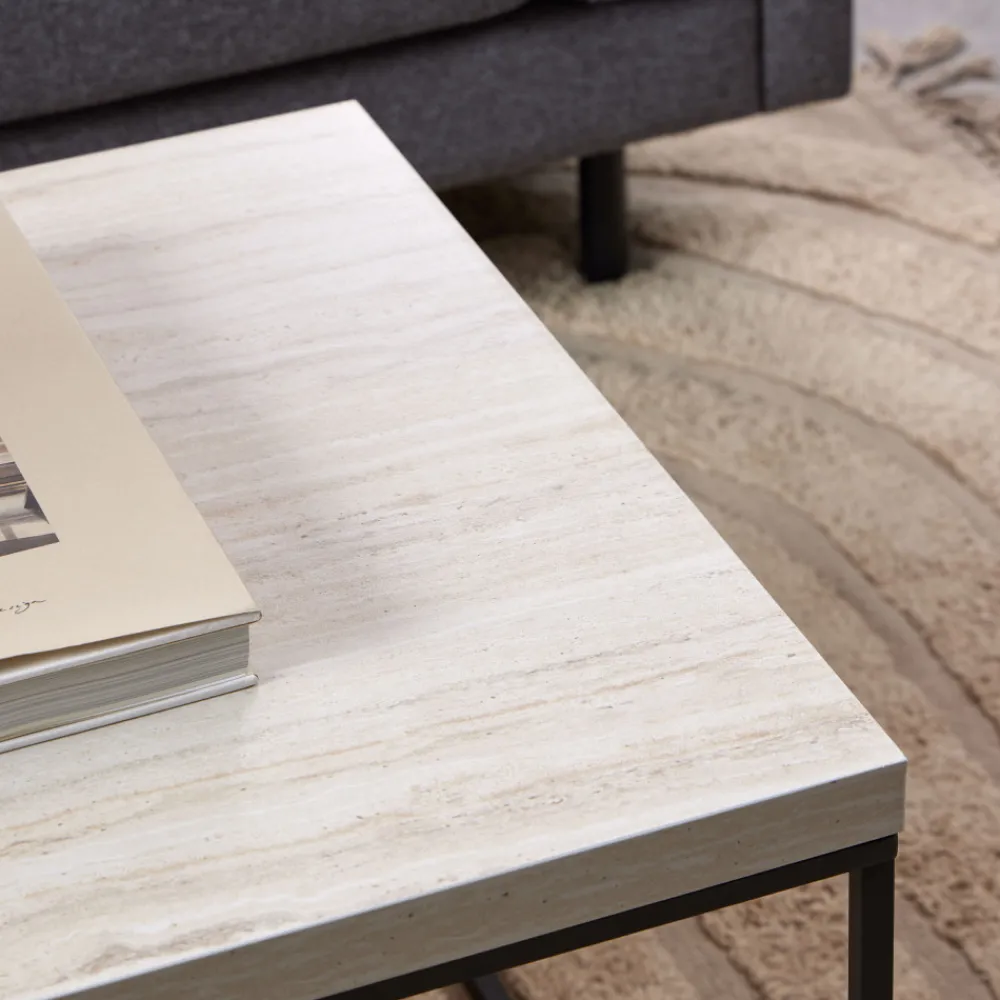 Drawer MIXO Table basse en effet travertin et métal 110x50cm