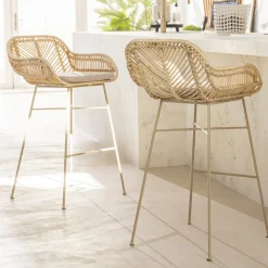 Drawer NUNUHAI Lot de 2 tabourets de bar en rotin pieds beiges H68cm