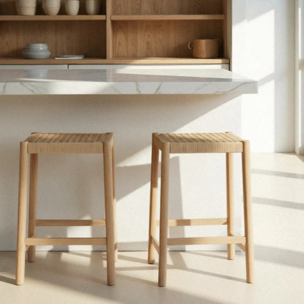 Drawer PAOLO Tabouret de bar en corde tressée et bois H65cm
