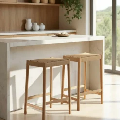 Drawer PAOLO Tabouret de bar en corde tressée et bois H65cm