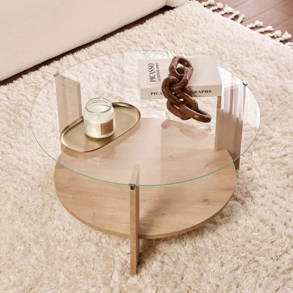 Drawer RIA Table basse ronde en verre trempé et bois ø75cm