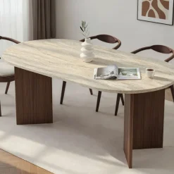 Drawer SAM Table à manger 8 personnes ovale en bois et effet travertin