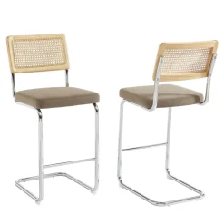 No name SKANA Lot de 2 chaises de bar en velours côtelé pieds chrome H66cm