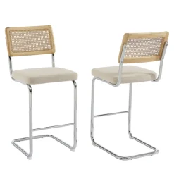 No name SKANA Lot de 2 chaises de bar en velours côtelé pieds chrome H66cm