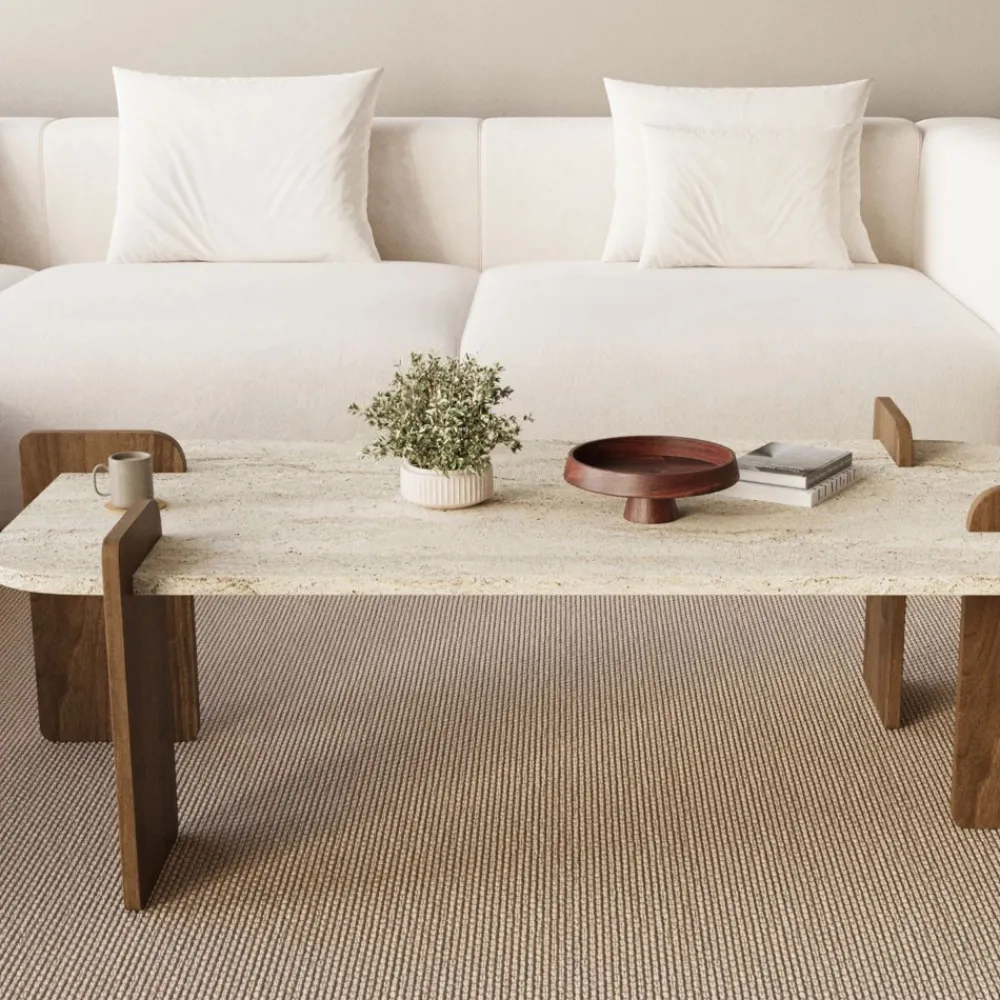 Drawer SOLENI Table basse en bois et effet travertin 120x60cm