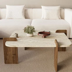 Drawer SOLENI Table basse en bois et effet travertin 90x90cm