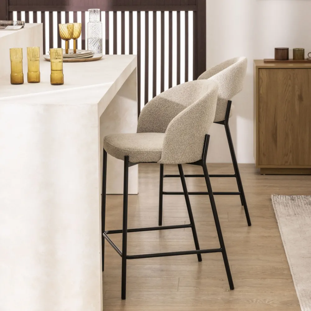 Drawer SOREN Lot de 2 chaises de bar en tissu bouclette et métal H65cm