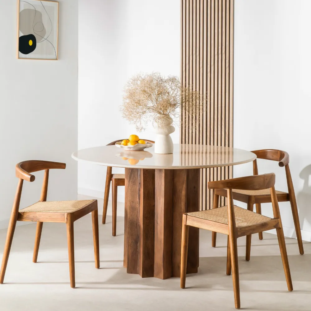 Drawer SORONG Table à manger 4 personnes ronde en marbre et bois massif
