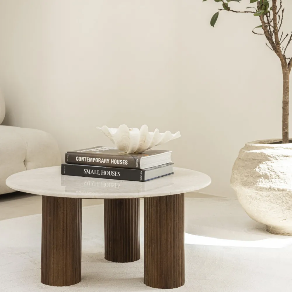 Drawer SULA Table basse en marbre et bois massif ø80cm