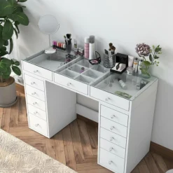 Drawer TIYA Coiffeuse 13 tiroirs avec plateau en verre L120cm