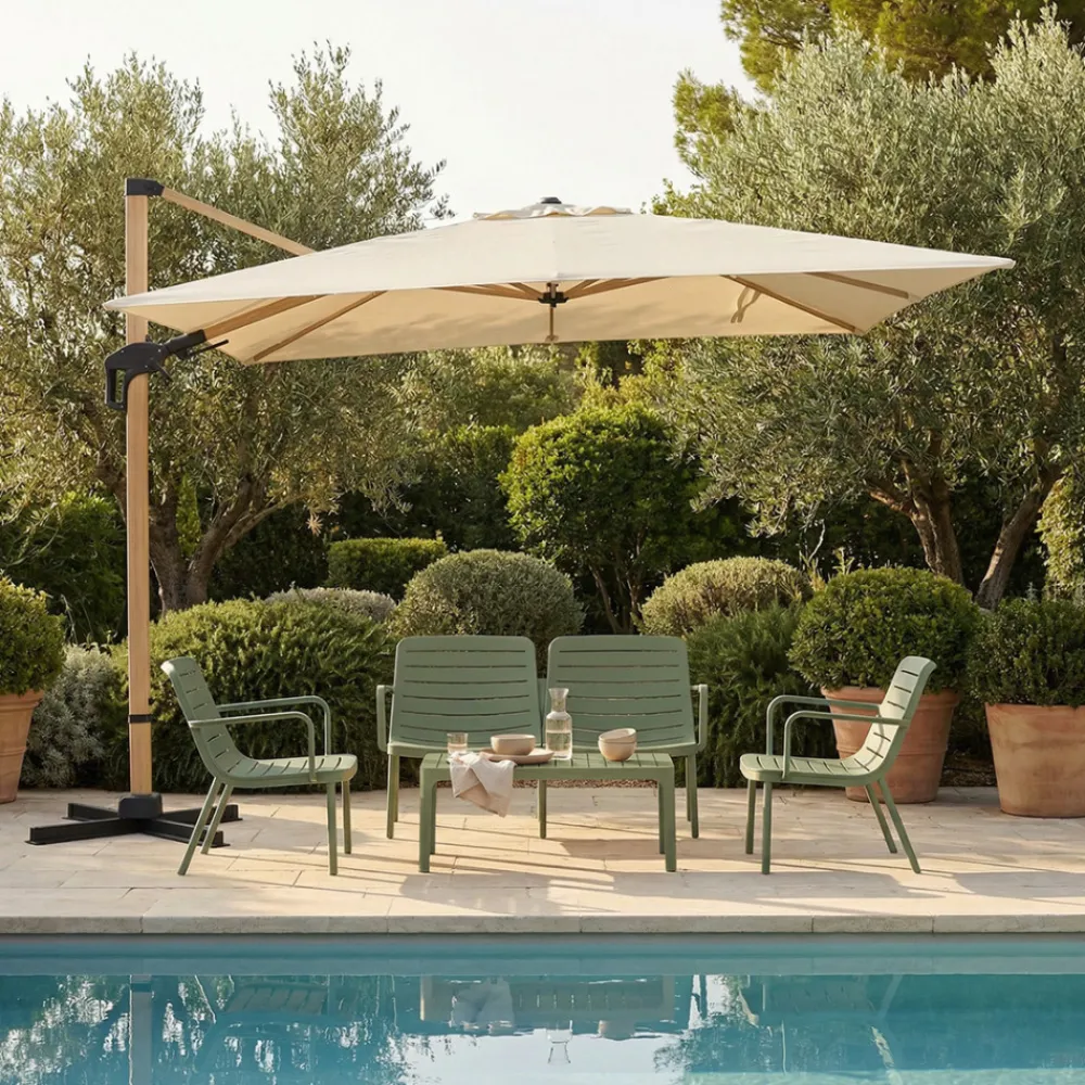 Drawer VEYA Parasol carré déporté en aluminium et effet bois 3x3m