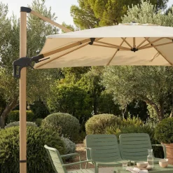 Drawer VEYA Parasol carré déporté en aluminium et effet bois 3x3m