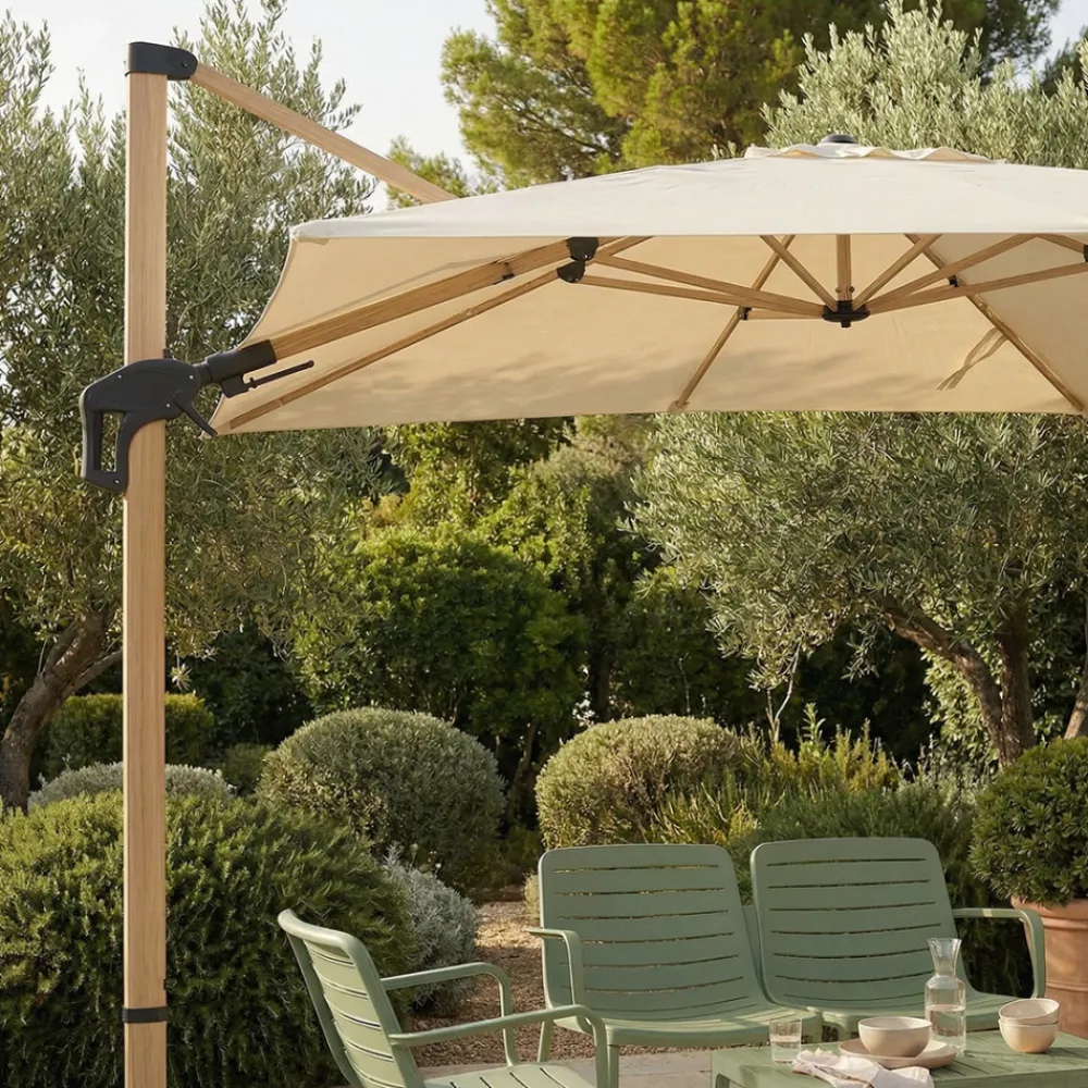 Drawer VEYA Parasol carré déporté en aluminium et effet bois 3x3m
