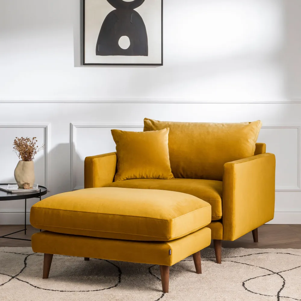 Drawer VILLABON Pouf en velours pieds bois foncé