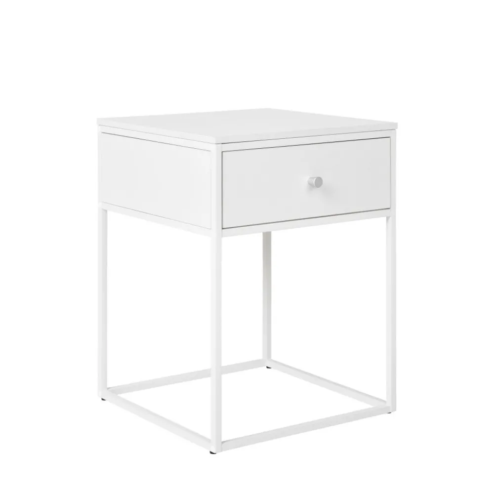 House Nordic VITA Table de chevet avec tiroir en bois et métal blanc