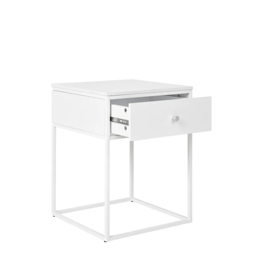 House Nordic VITA Table de chevet avec tiroir en bois et métal blanc